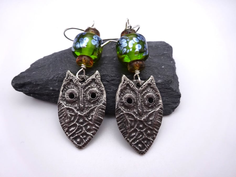green lampwork glass earrings, pewter owl