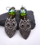 green lampwork glass earrings, pewter owl - Image 1