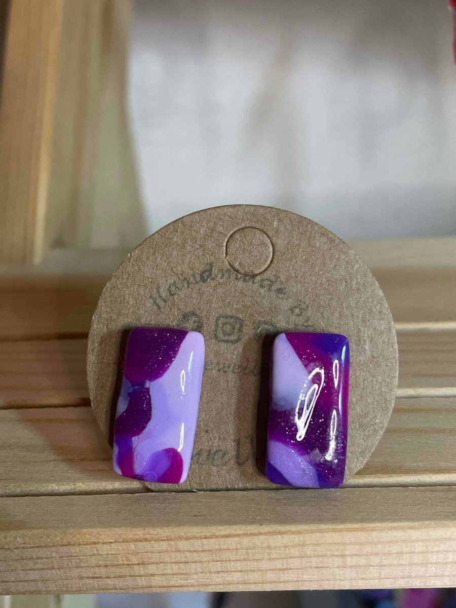 Handmade Polymer Clay Purple Marble Stud Earrings 