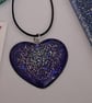 Handmade resin purple glitter heart pendant on  black waxed cord
