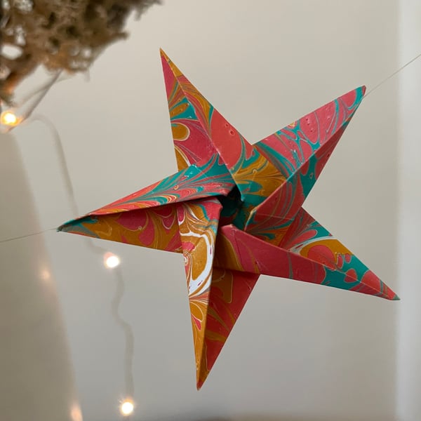 Christmas Star Garland, Hand Marbled Paper, Origami, Gold Stars