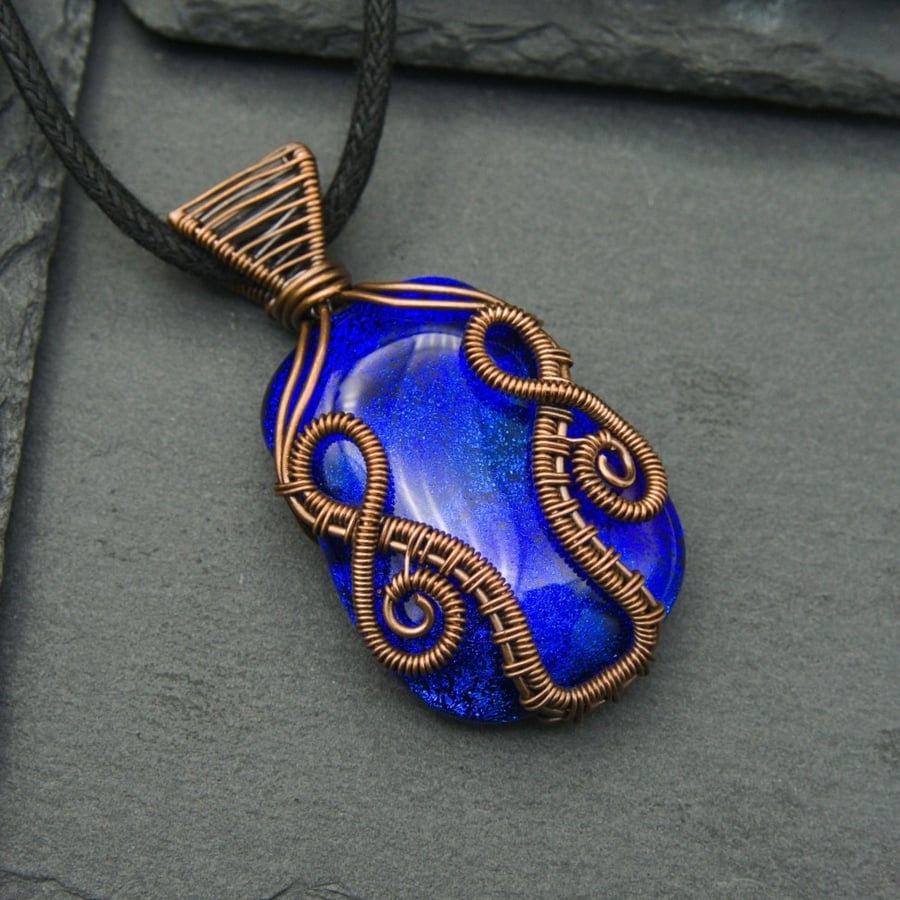 Copper Wire Wrapped Blue Dichroic Glass Pendant