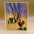 Easter Card, Hen, Chicks & Rooster daddy, Happy Easter message, Mauve version. 
