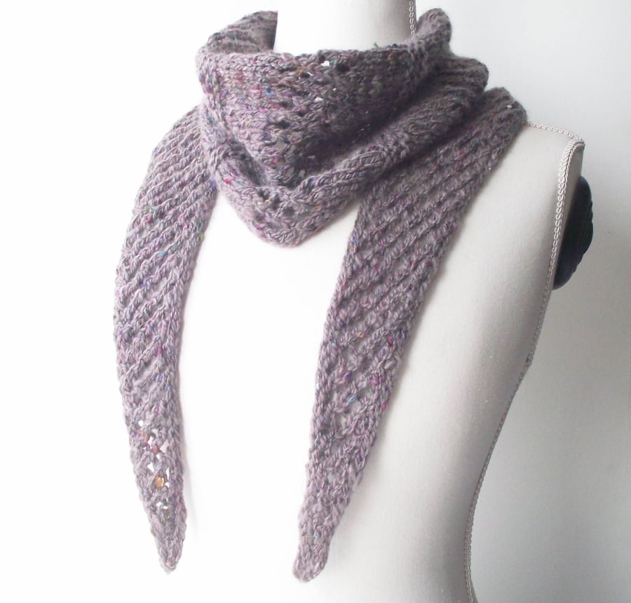Grey Boomerang Scarf, Handspun Knitted, Merino Wool & Recycled Sari Silk