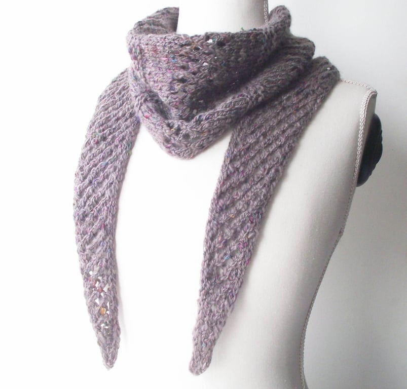 Grey Boomerang Scarf, Handspun Knitted, Merino Wool & Recycled Sari Silk