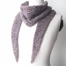 Grey Boomerang Scarf, Handspun Knitted, Merino Wool & Recycled Sari Silk