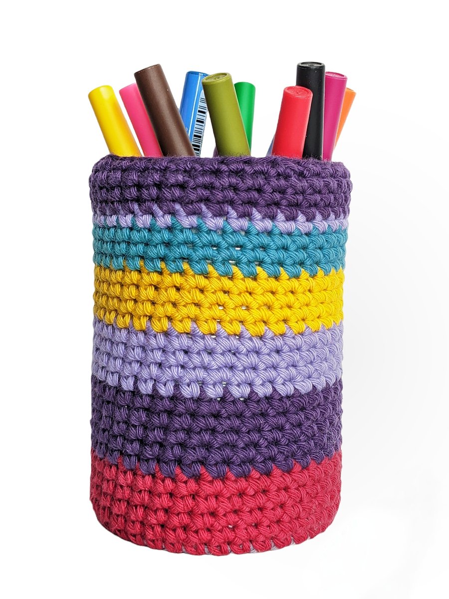 Recycled Can Crochet Pen Pot - Striped