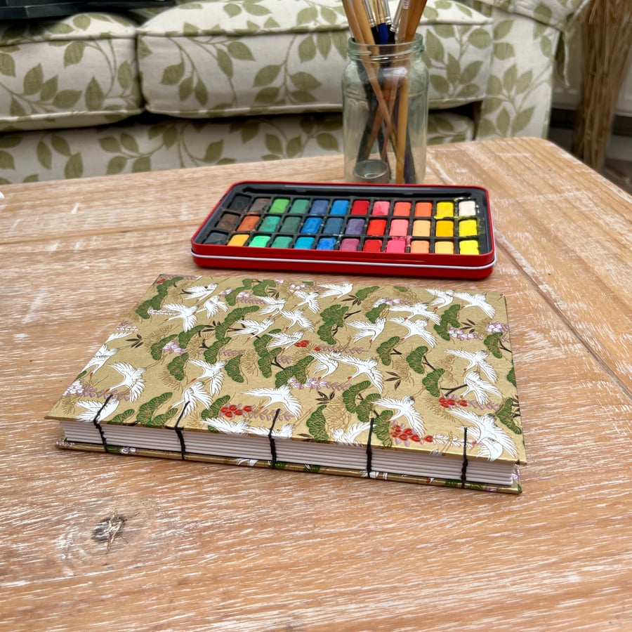 A5 Mixed Media Sketchbook Japanese Chiyogami Cover Gold Cranes