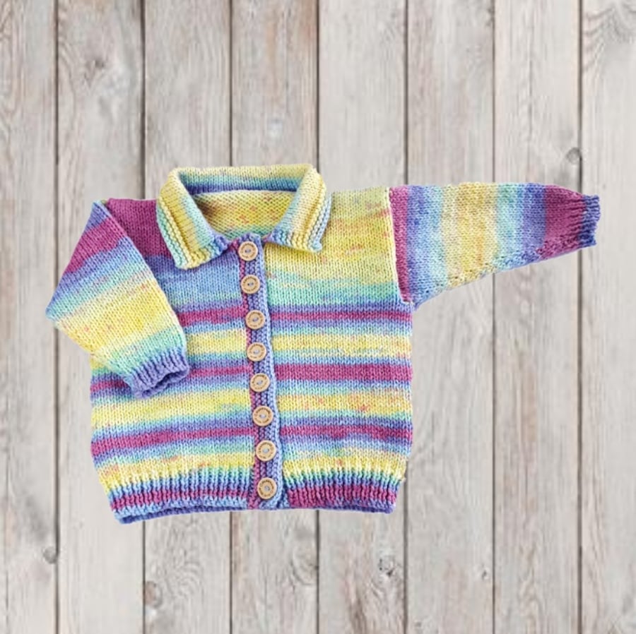 Girls stripy hand knitted collared cardigan to fit 5 years 24 inch chest