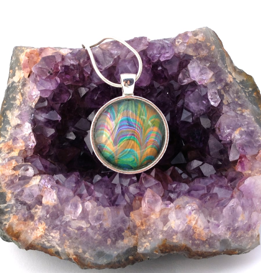 Beautiful marbled paper glass cabochon pendant valentine's, anniversary gift