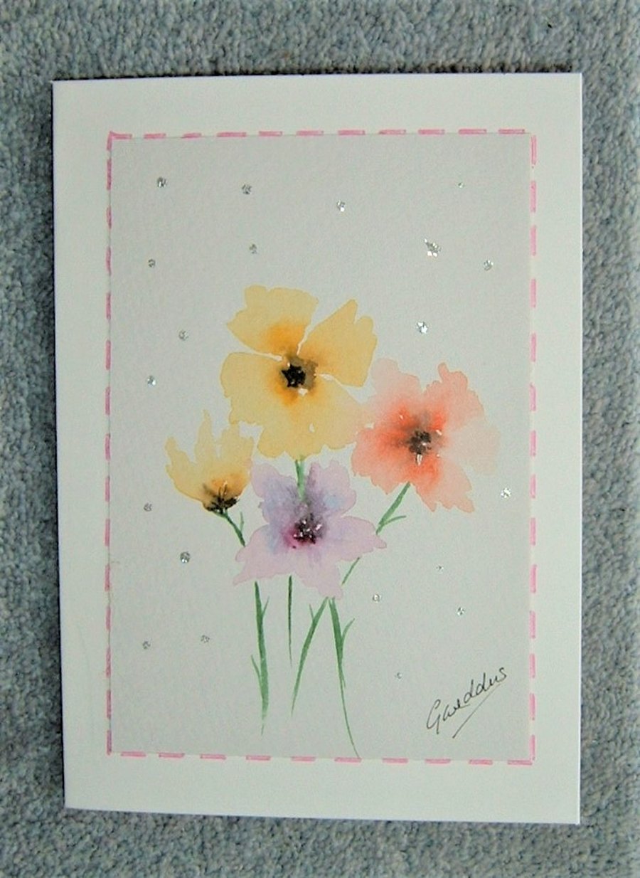 original hand drawn and painted floral blank  greetings card ( ref f 288)