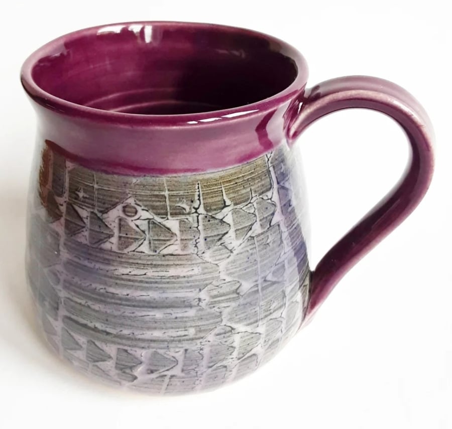 Mug Patterned Purple and Grey Glazed  - Dishwasher and Microwave Safe 