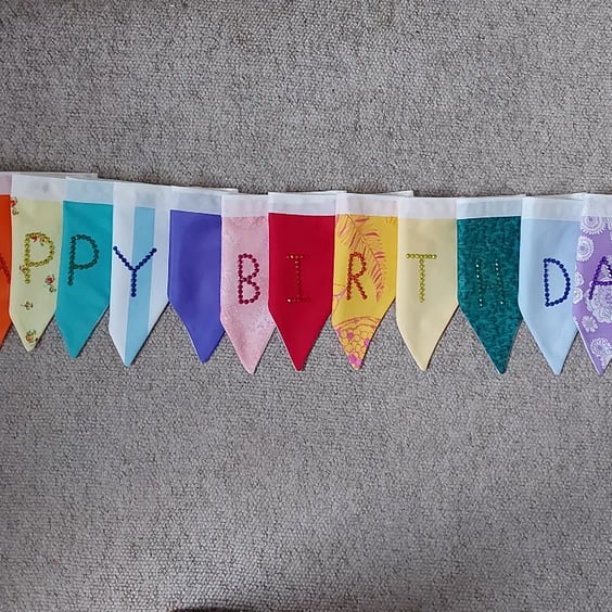 HAPPY BIRTHDAY Beautiful Hand Made Recycled Fabric Bunting, Hand Sparkled