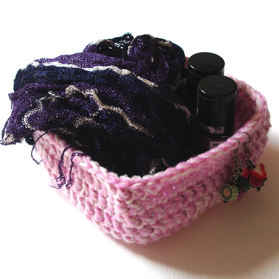 Square Trinket Bowl in Pink Cream Marl, Crochet Basket, Fabric Dish