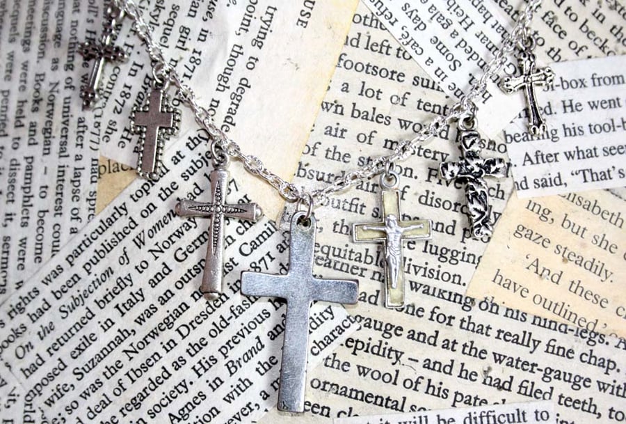 Multi Cross Charm Crucifix Charm Silver Necklace