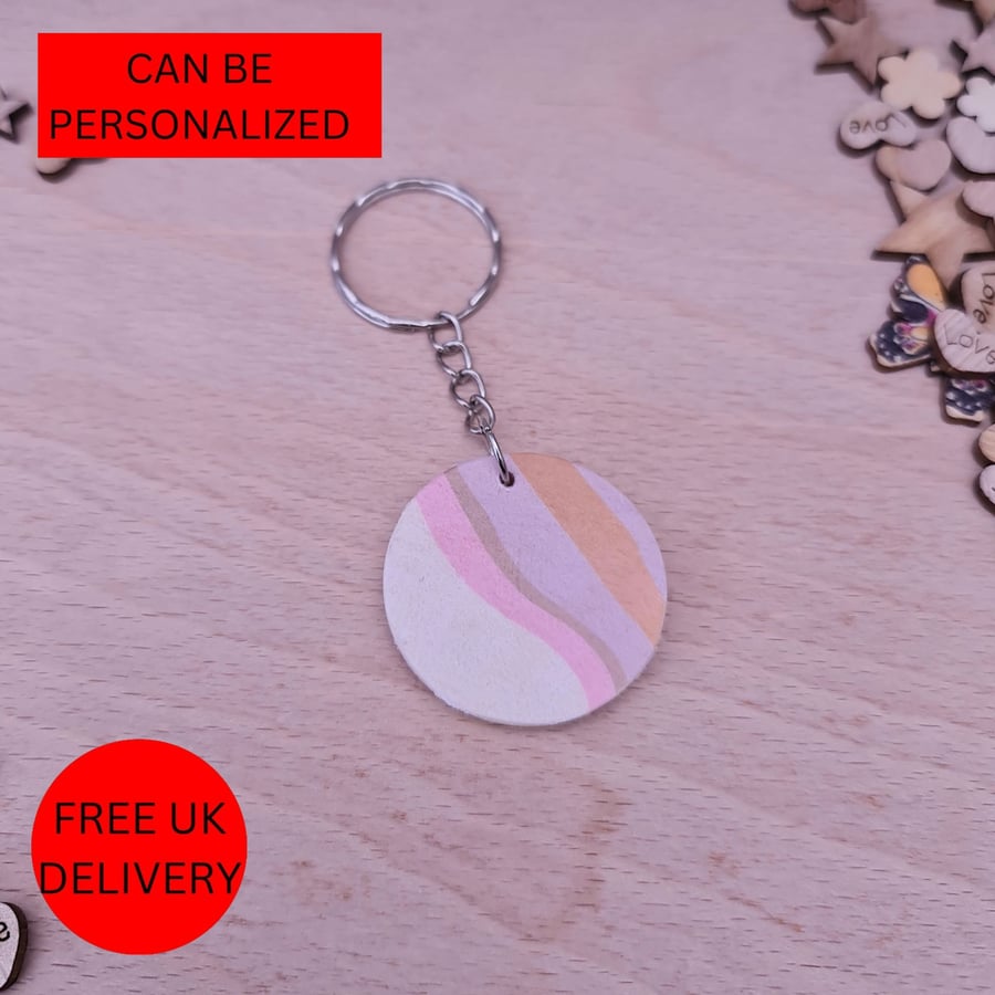 Handmade Multicoloured Marble Wooden Decoupaged Round Keyring - FREE UK DELIVERY