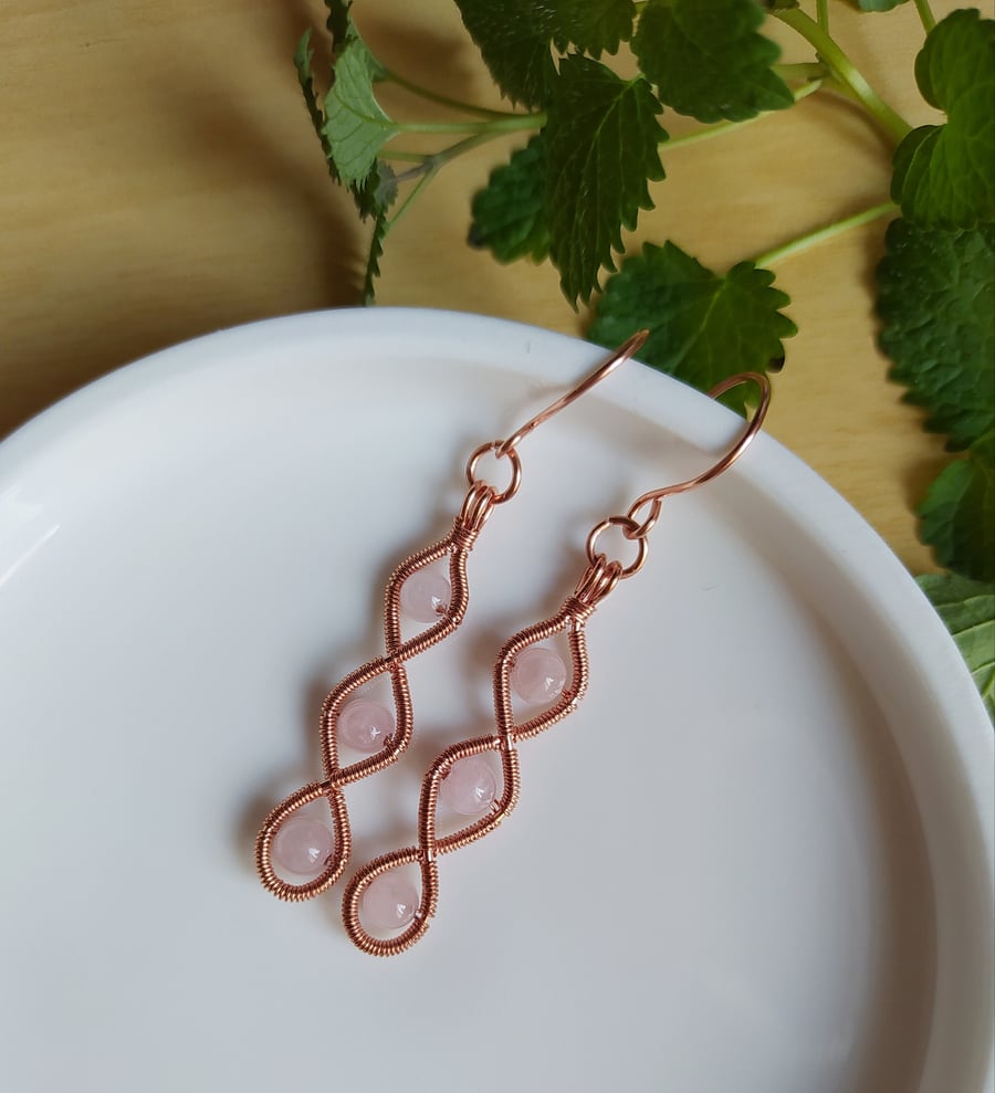 Twisted Drop Wire Wrapped Copper Earrings with Rosequartz 