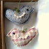 2 little birds, hanging ornaments hand stitched from wool felt, crochet detail