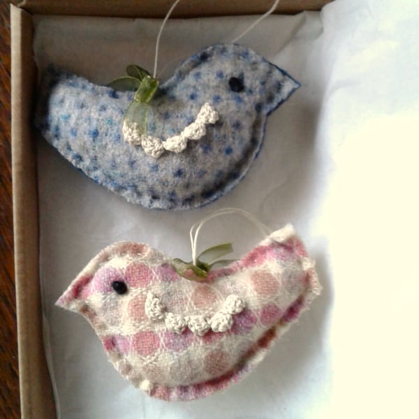 2 little birds, hanging ornaments hand stitched from wool felt, crochet detail
