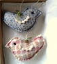 2 little birds, hanging ornaments hand stitched from wool felt, crochet detail - Image 1