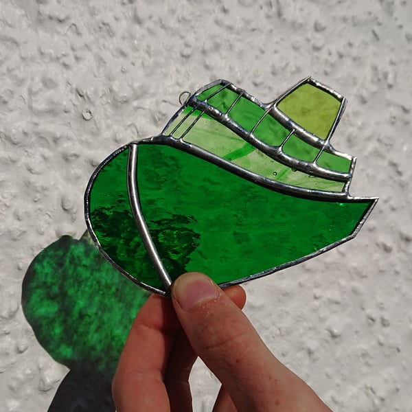 Stained glass tugboat blue, green or red  suncatcher hanging decoration. 