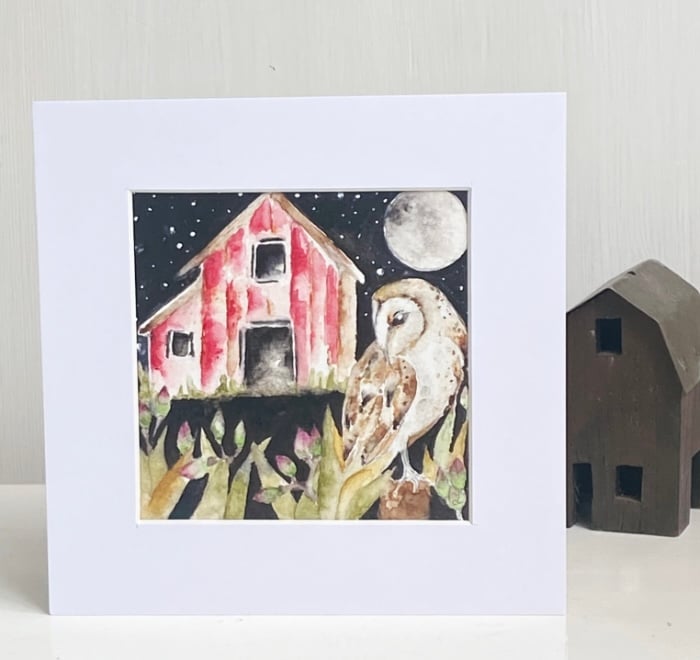 Mounted Original Barn Yard Owl in Moonlight Watercolour 