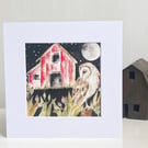 Mounted Original Barn Yard Owl in Moonlight Watercolour 