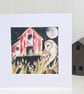 Mounted Original Barn Yard Owl in Moonlight Watercolour 