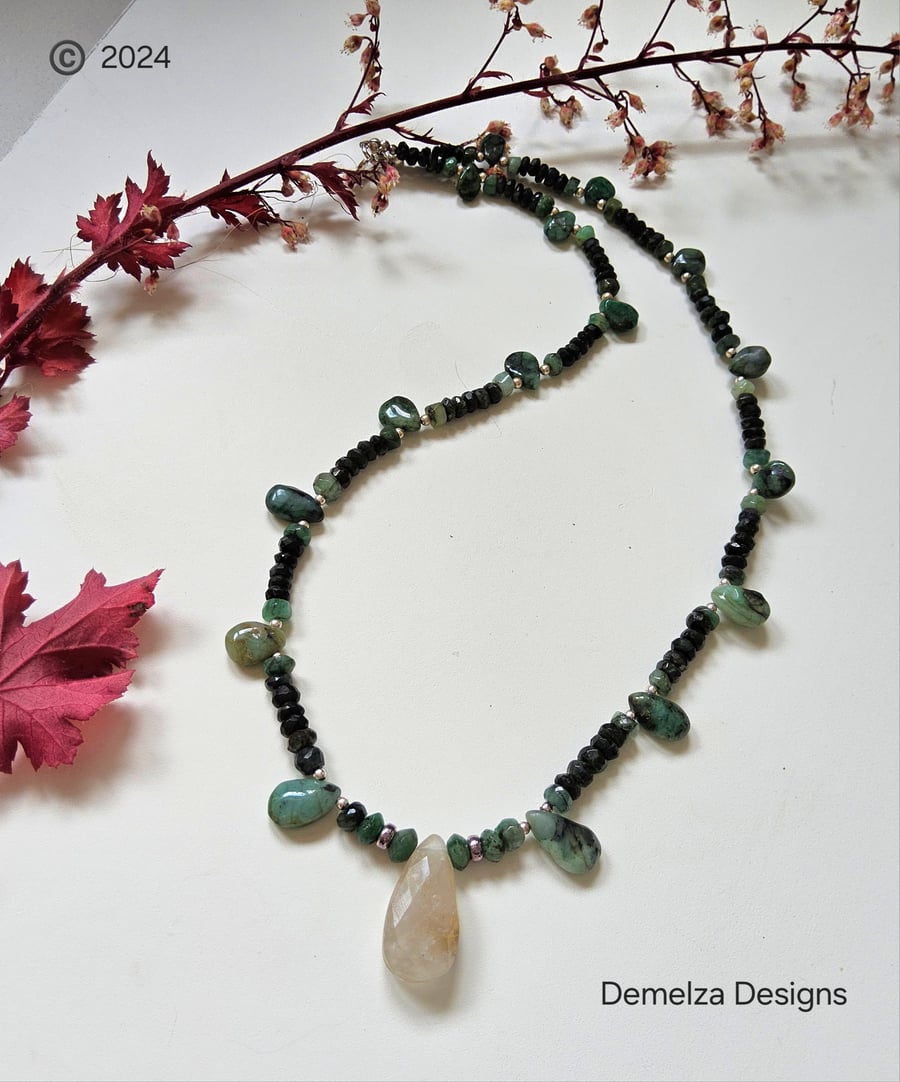  Natural Raw Emerald & Yellow Rutilated Quartz Sterling Silver Necklace
