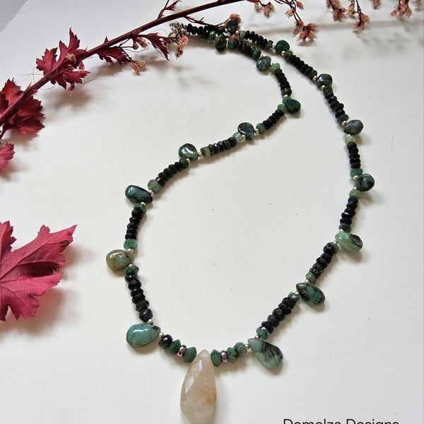  Natural Raw Emerald & Yellow Rutilated Quartz Sterling Silver Necklace
