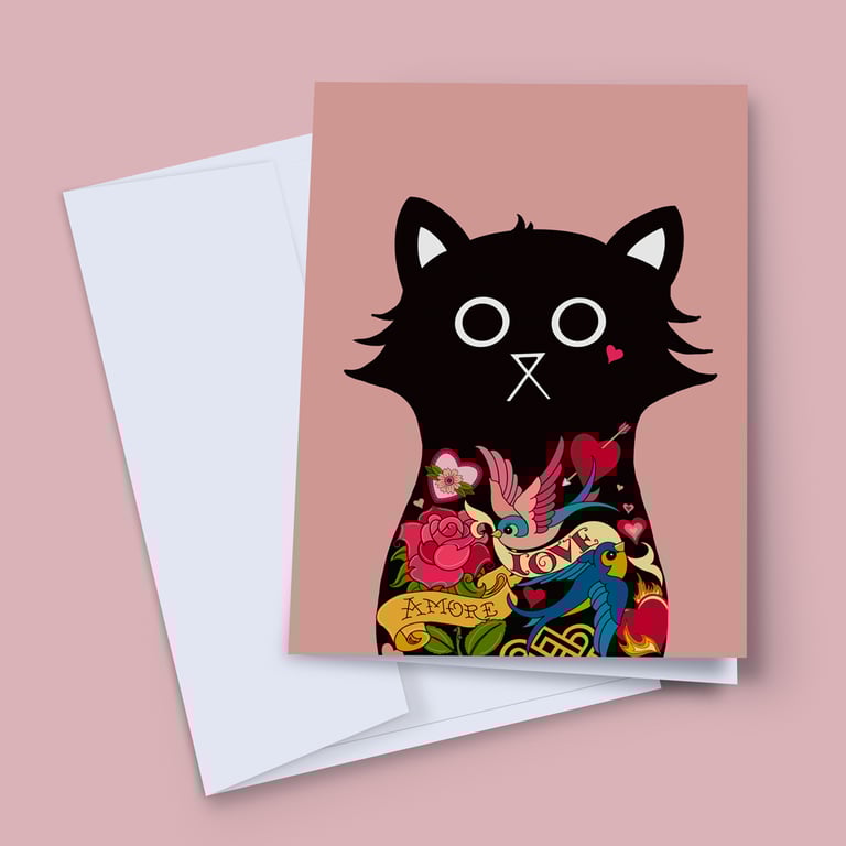 Valentine Card, Valentino Cat Card,  Wedding Card, Love Card, Tattoo Card