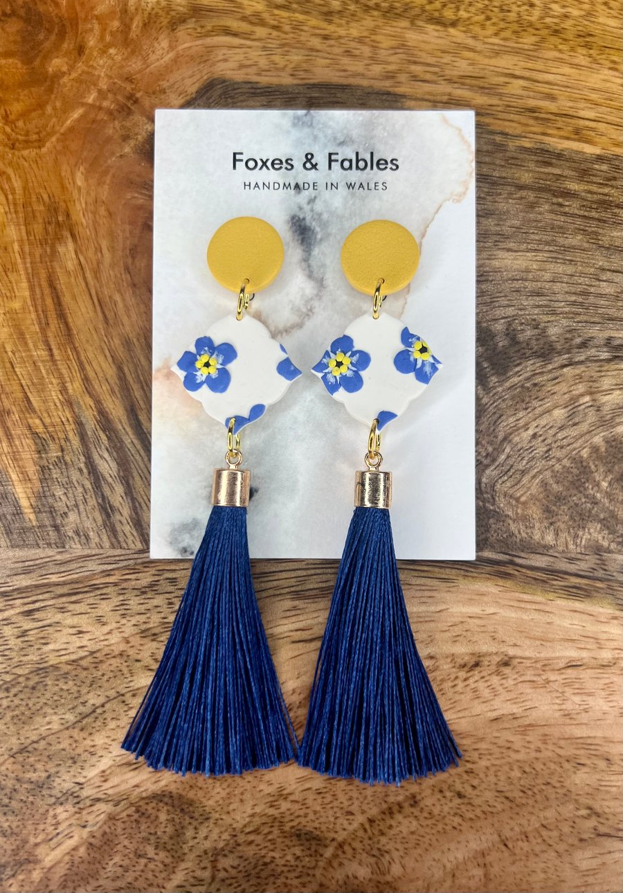 Forget me not Flower Earrings with Navy Tassels
