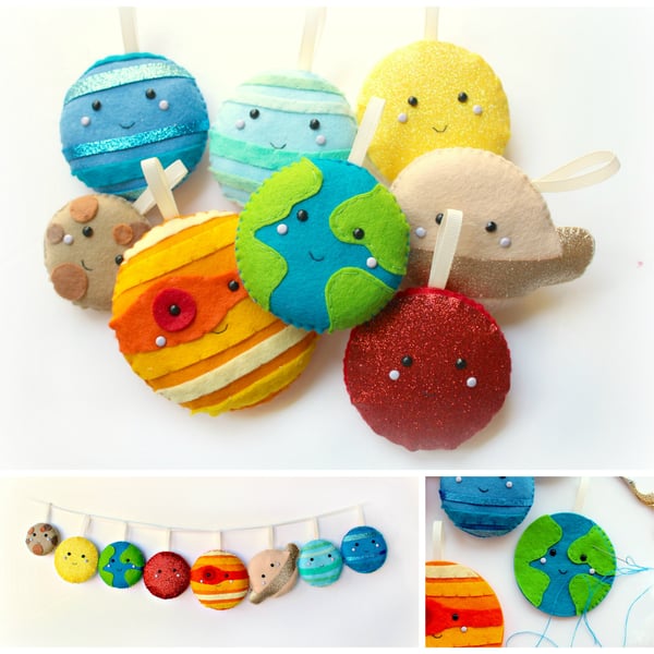 Make Your Own felt Solar System Garland Kit. Sewing pattern. DIY Craft
