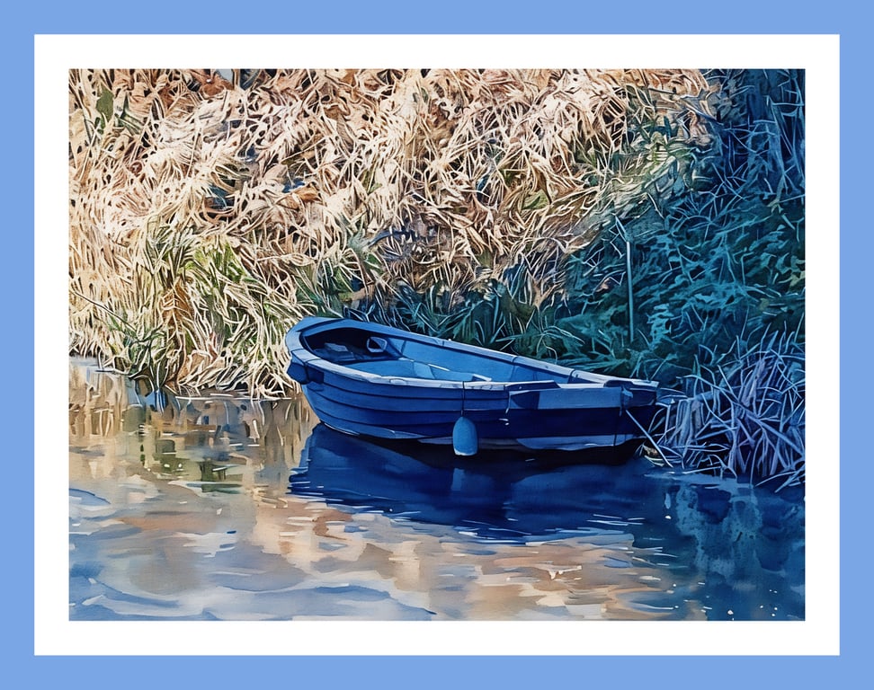 Watercolour Small Boat Near Upwell Church Norfolk Greeting Card A5