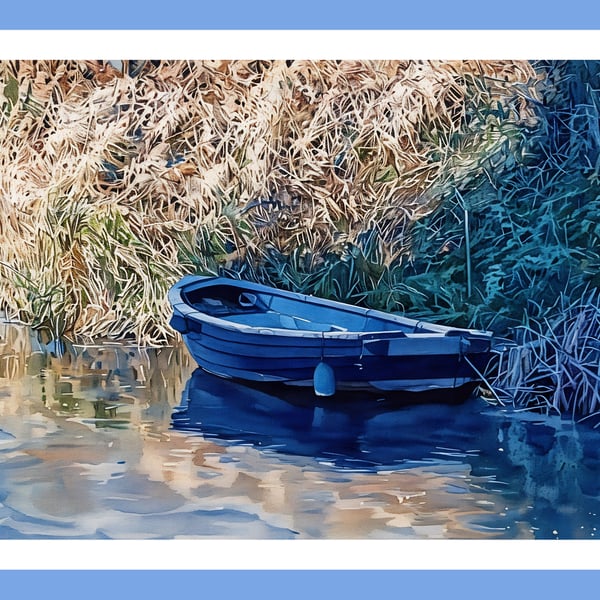 Watercolour Small Boat Near Upwell Church Norfolk Greeting Card A5