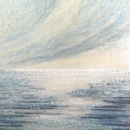 Mixed media art coastal view sea and sky sunrise ready to frame A4