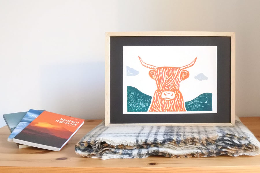 Orange Highland Cow – Original Handmade Lino Print