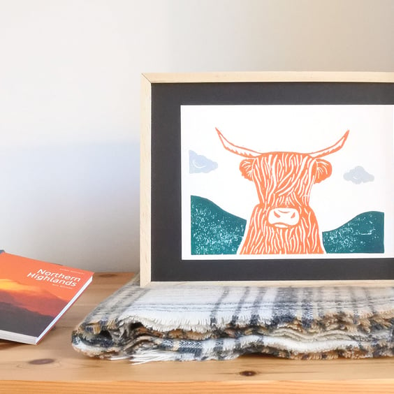 Orange Highland Cow – Original Handmade Lino Print