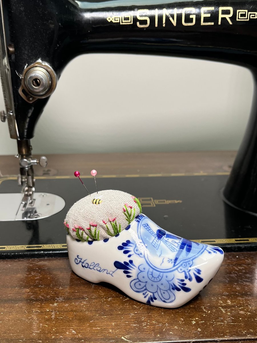 Pin cushion - blue and white hand painted clog embroidered with bee and flowers