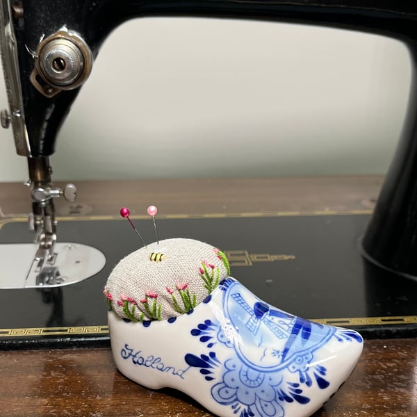 Pin cushion - blue and white hand painted clog embroidered with bee and flowers
