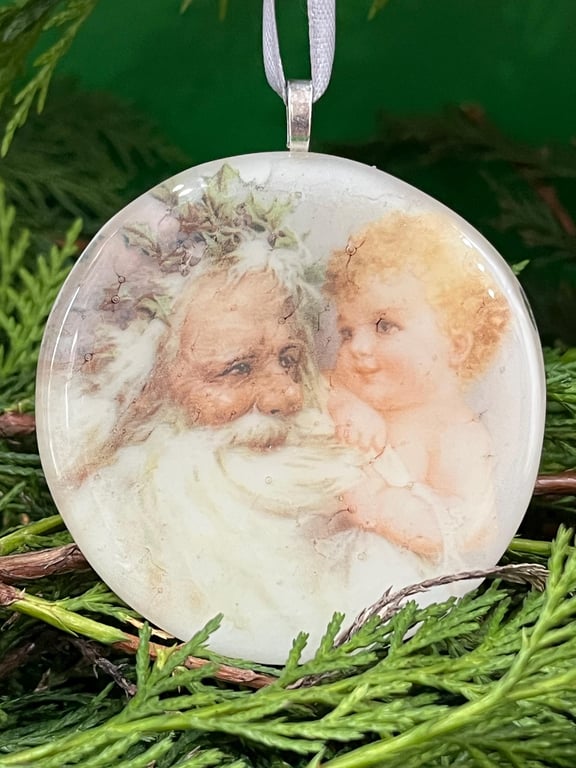Handcrafted Christmas Card with Artisan Fused Glass Baby with Santa Tree 