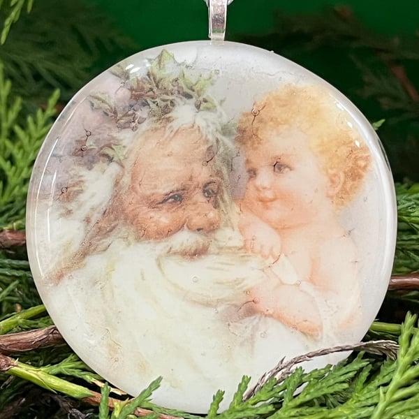 Handcrafted Christmas Card with Artisan Fused Glass Baby with Santa Tree 