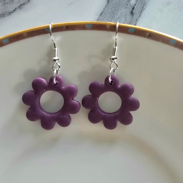 Polymer clay purple flower earrings on silver plated earhooks