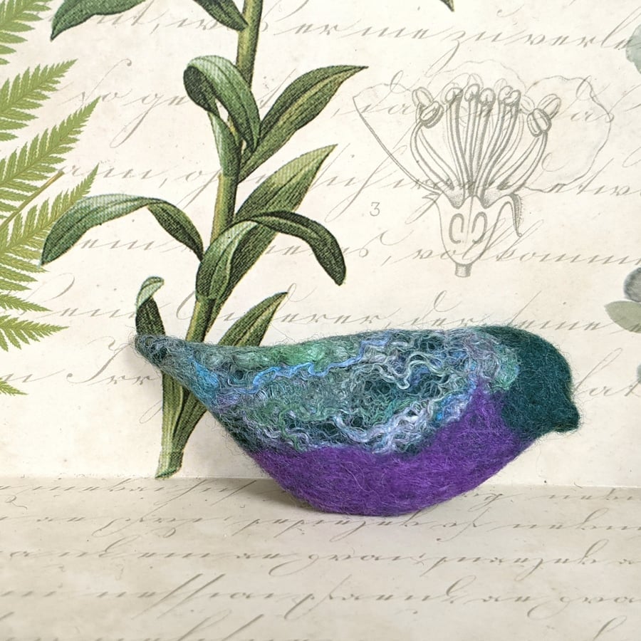 Felted bird brooch - purple breasted shorttail