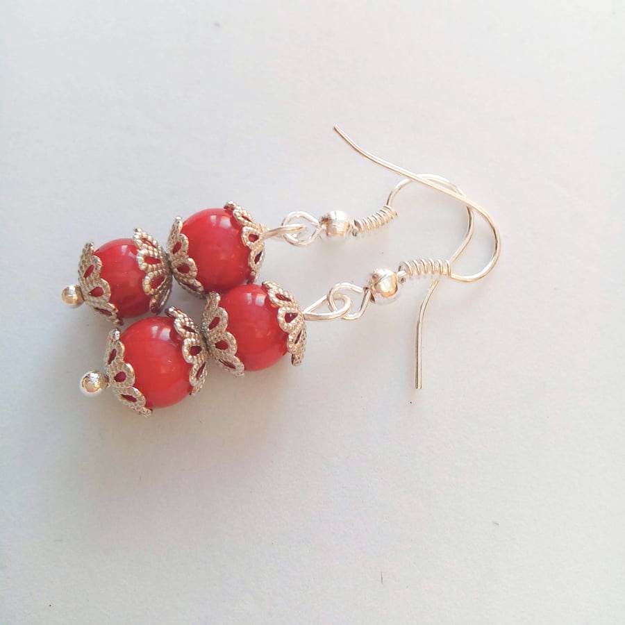 Red Brown Pressed Coral Bead Earrings With Silver Bead Caps, Gift for Her