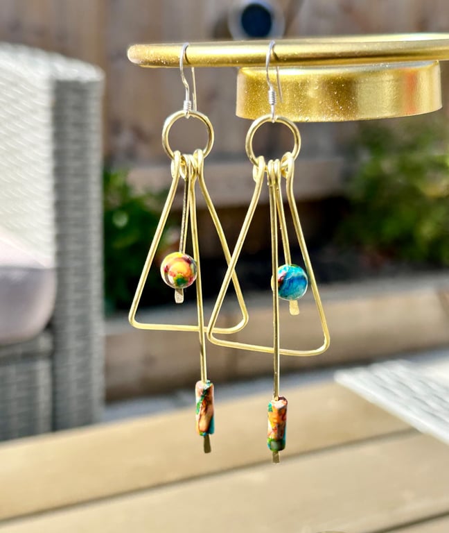 Brass Triangular Earrings Imperial Jasper, Sterling Silver Earwires