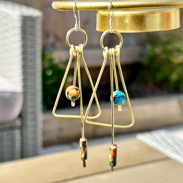 Brass Triangular Earrings Imperial Jasper, Sterling Silver Earwires