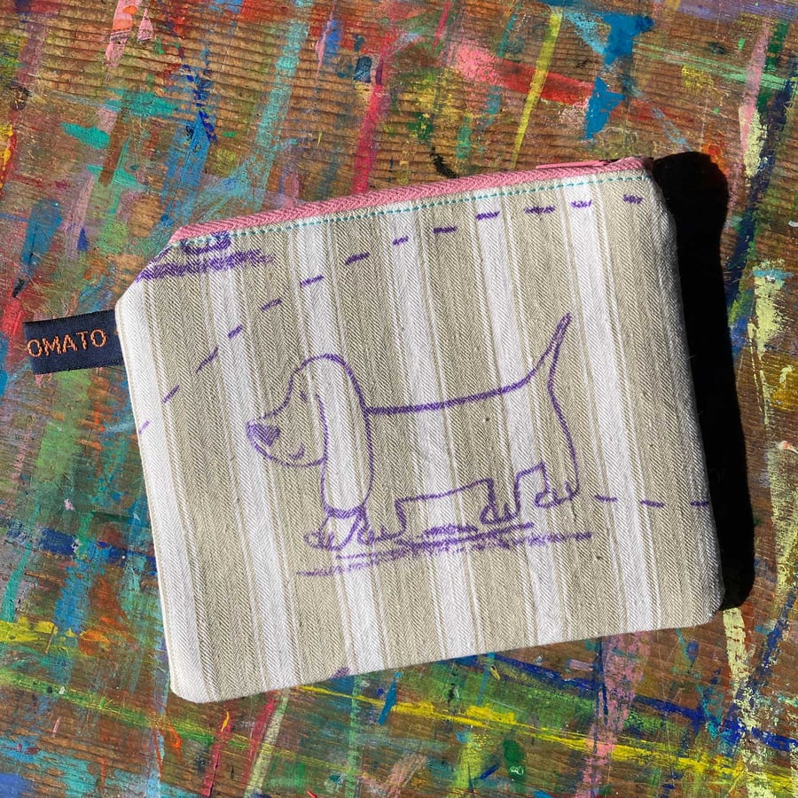 vintage linen ticking purse with screen printed dogs by Jo Brown Happy Tomato