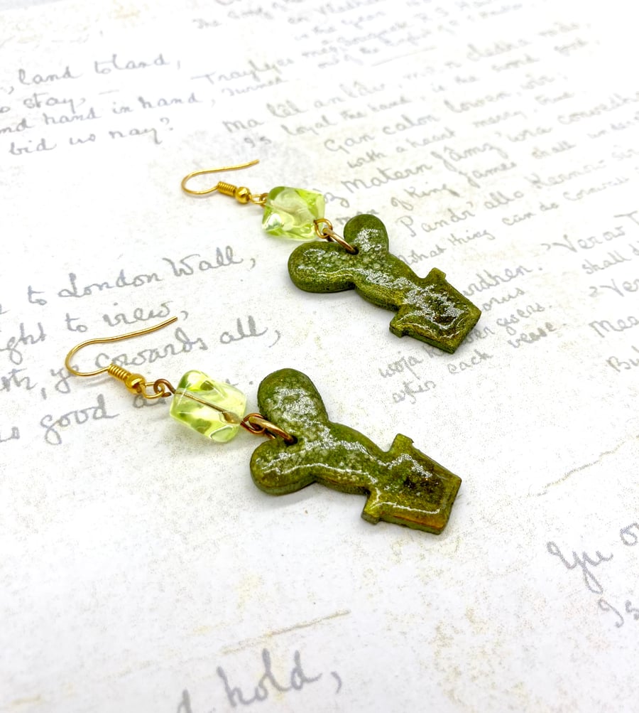Green Cactus wooden dangle earrings with glass beads