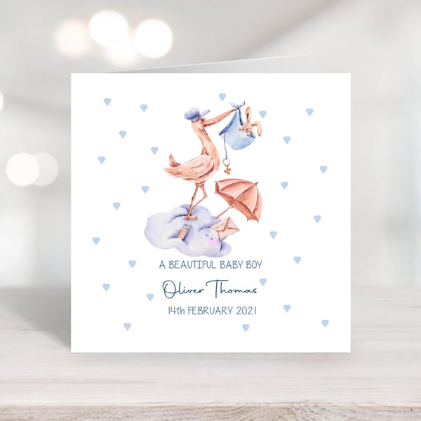 New Baby Boy Card - Watercolour stork design - personalised 